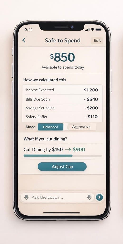 Safe to Spend calculator showing available spending amount and breakdown.