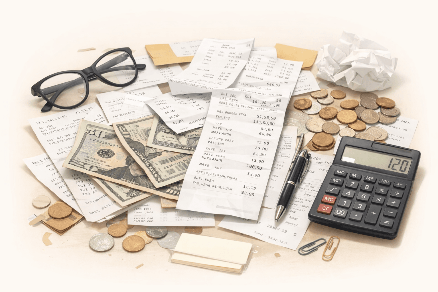 Receipts and cash scattered on a desk representing financial clutter.